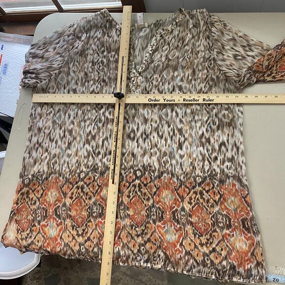 Chicos Tunic Top Size 3 Brown Orange Ikat Beaded Sequin Sheer Boho Artsy XL 1X - Picture 9 of 12